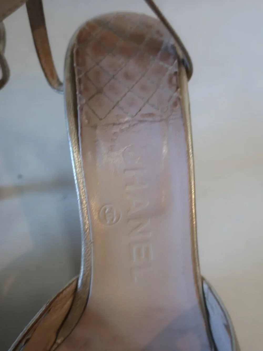 Women Chanel Metallic Champagne Fishnet Leather Ankle Strap Heels 38 EUR/US 8 - Picture 3 of 13
